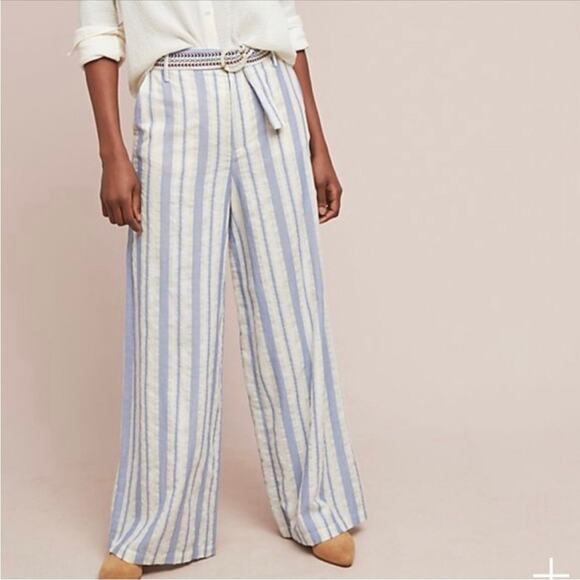 Anthropologie Coastal Stripe Wide Leg Pants with Belt - Picture 1 of 8